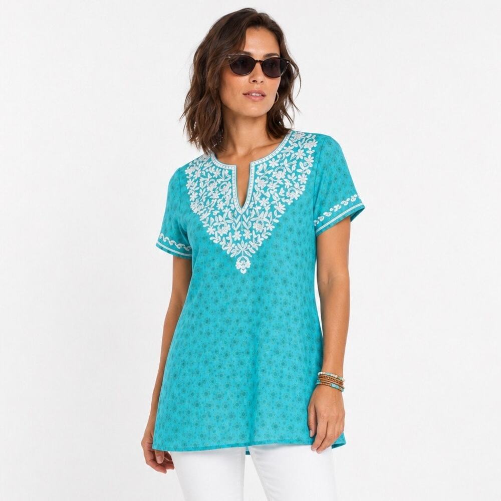 Sulu Paige Tunic 2 Turquoise Boho Resort Embroidered Cotton Silk NWT